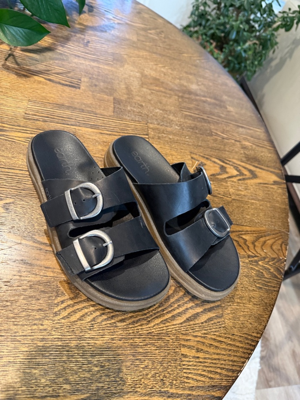 Earth Black Double-Buckle Slide Sandals with Tan Sole
